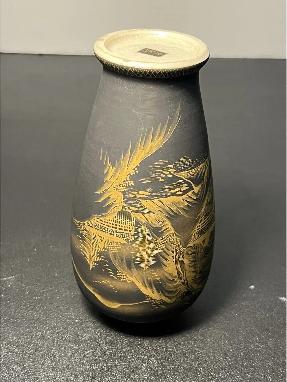 Japanese Vintage 1950s Sansui Landscape Porcelain Vase Gold On Grey Taiga, 2x6”